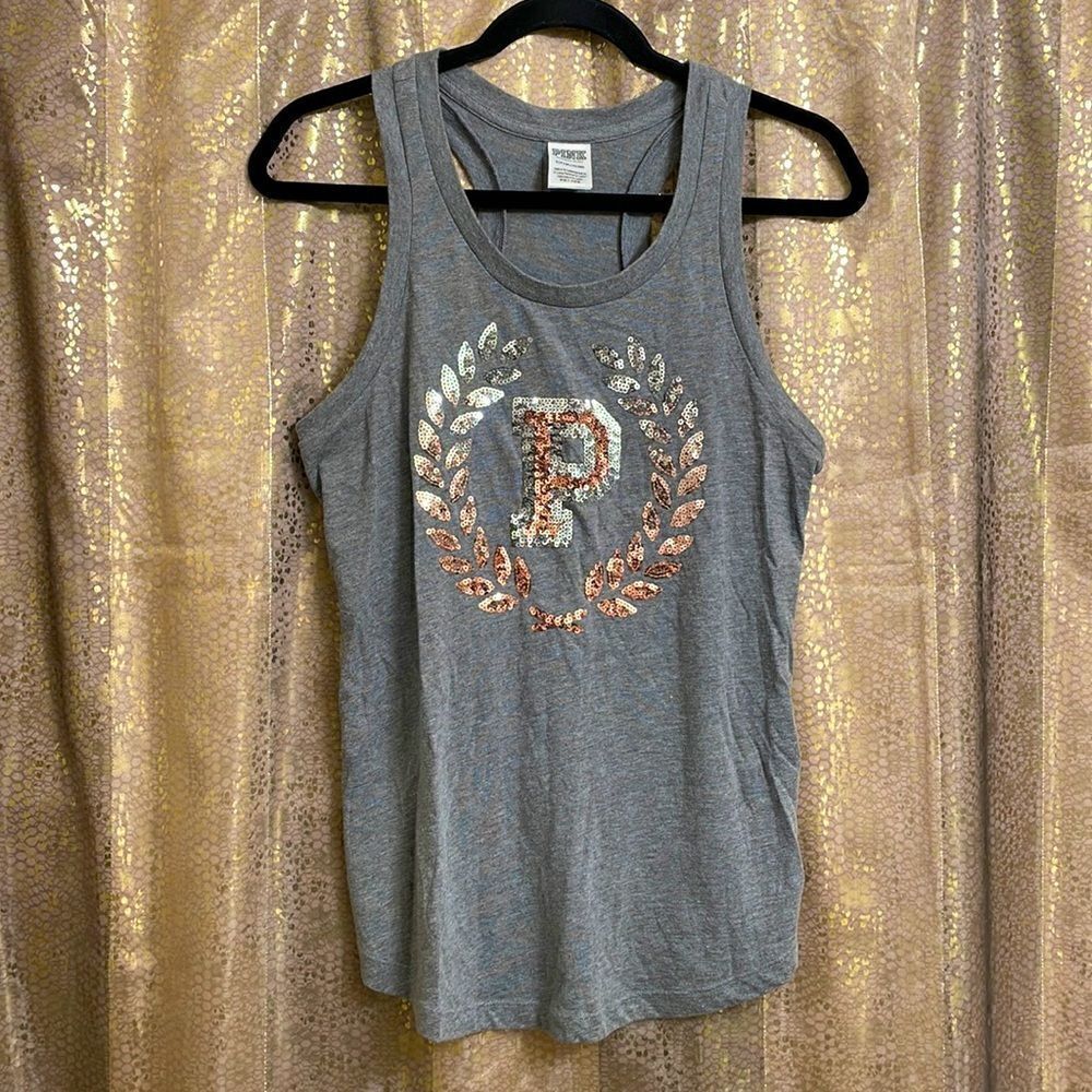 PINK Victoria’s Secret gray and rosegold/silver bling crest tanktop, size S EUC